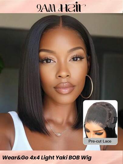 Yaki直发波波头假发，真人发，4x4透明蕾丝前假发，预剪蕾丝无胶假发，轻盈Yaki直发，预拔毛发际线，女士即戴型波波头假发，180%密度，自然黑色