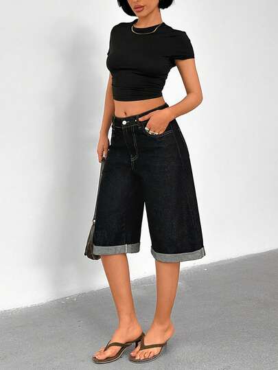 SHEIN Low Waist Raw Wash Denim Bermuda