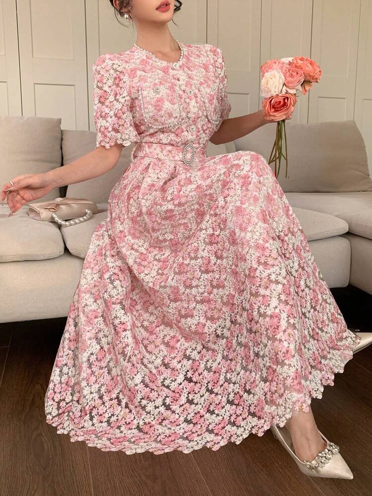 Heavy Lace Hollow-Out Printed Dress, Metal Buckle Cinched Waist Long Dress For Women