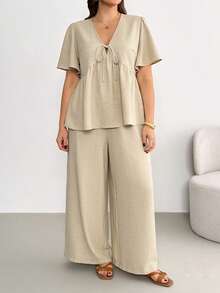 Shapeblank 大码女装春夏时尚休闲宽松舒适日常百搭显瘦V领短袖娃娃衫和阔腿裤两件套杏色，裤装套装，夏季服装，度假装 - 杏色 - 查看 5