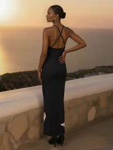 CAJUNI Đầm hở lưng in hoa thanh lịch, thích hợp cho kỳ nghỉ - màu đen - Xem 2