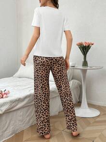 Leopard Print Bow Decor Short Sleeve & Pants Women Pajama Set - White - View 2