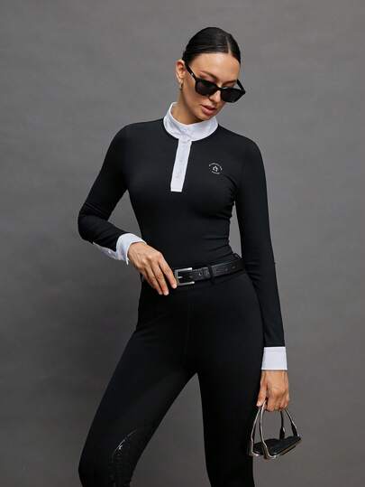 Activina Women's Contrast Color Collar Cuff Fitted Long Sleeve Equestrian Jacket