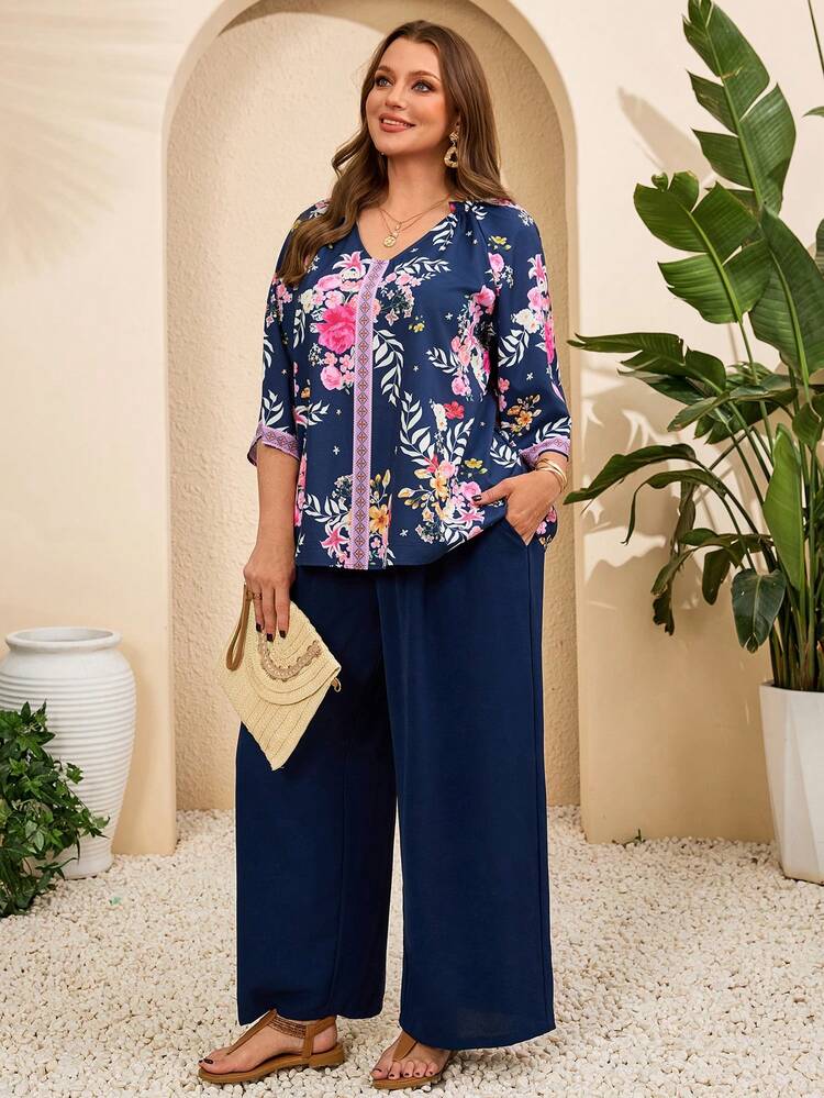 Plus Size Women Floral Print V-Neck Top And Wide Leg Pants Casual 2 Piece Set Summer Pants Sets For Women Blouse And Pants Set Shirt And Pants Set Resort Outfits For Women Pant Suit Summer Sets