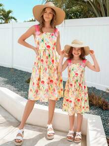 Young Girl Summer Casual Beach Vacation Floral Print Ruched Waist Dress - Multicolor - View 1