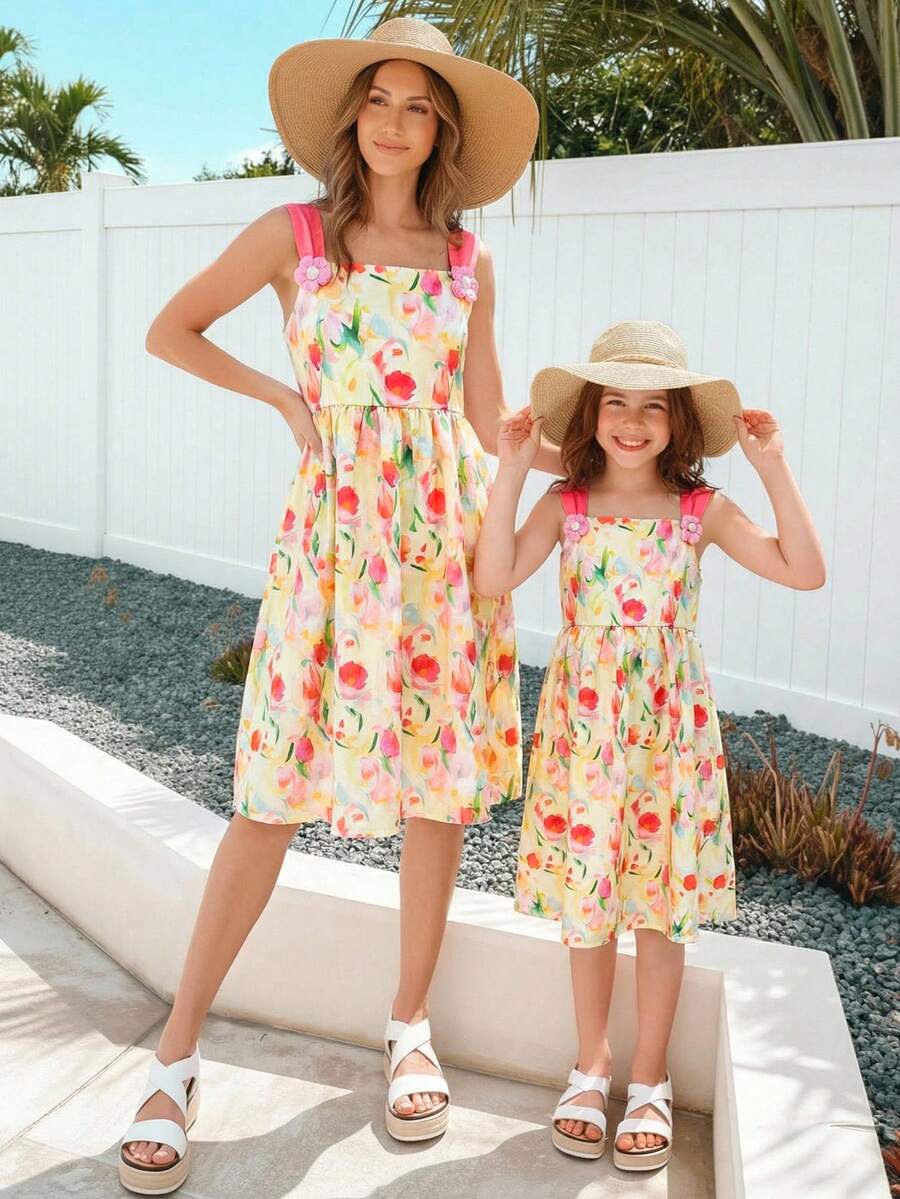 Young Girl Summer Casual Beach Vacation Floral Print Ruched Waist Dress - Multicolor - View 1