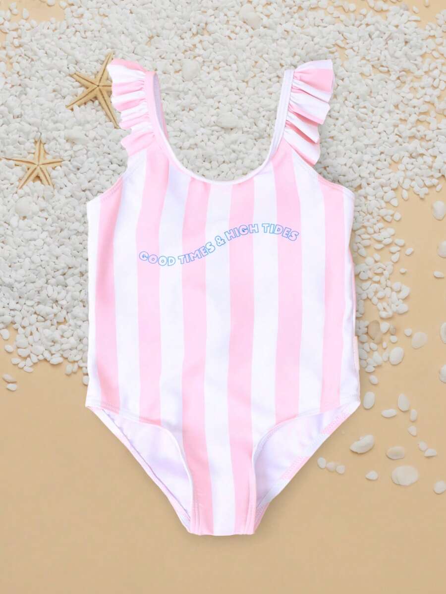 SUMWON 女童荷叶边吊带粉白条纹连体泳衣，印有“美好时光，高潮”标语，适合海滩夏季度假游泳 - 淺粉色 - 查看 1
