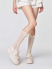 ROMWE Kawaii 女士斜跟厚底鞋 暗黑摇滚朋克哥特风鞋 闭趾玛丽珍小皮鞋 白色蝴蝶结学院风日系JK鞋 系带交叉绑带裙装鞋 - 米白+珍珠皮帶扣 - 查看 3