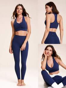 GLOWMODE DD+ FeatherFit™ Non-Stop Glow Stretch & Shine Buttery-Soft Stretchy Gathered Front Removable Cups Cropped Tank Top Low Impact Yoga Studio Pilates Daily Active Wear - Dark Blue - View 9