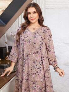 Lacomfia 休闲印花V领荷叶边七分袖宽松常规春秋季加大码连衣裙 - 彩色 - 查看 1