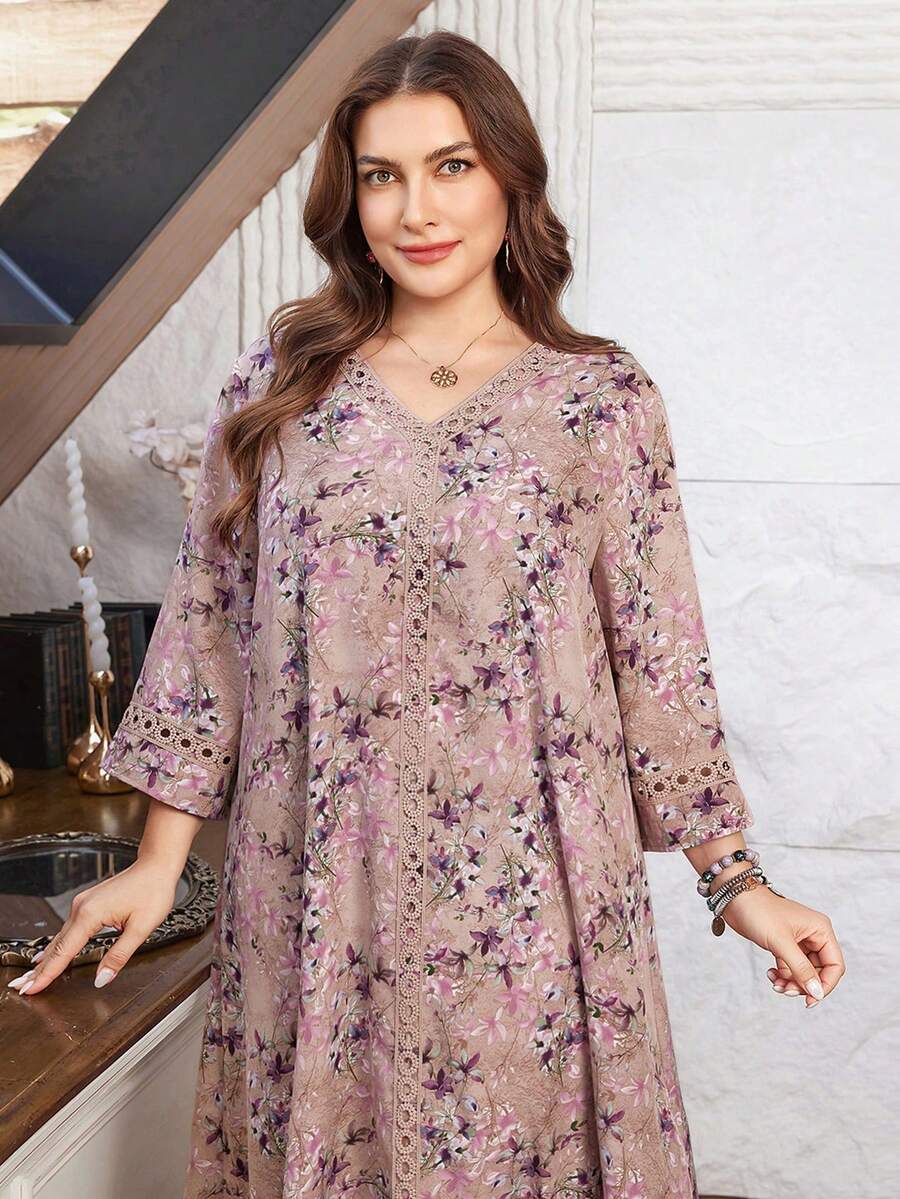 Lacomfia 休闲印花V领荷叶边七分袖宽松常规春秋季加大码连衣裙 - 彩色 - 查看 1