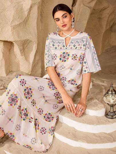 Al Najma Women's Elegant Vintage Geometric Print Arabic Style Dress