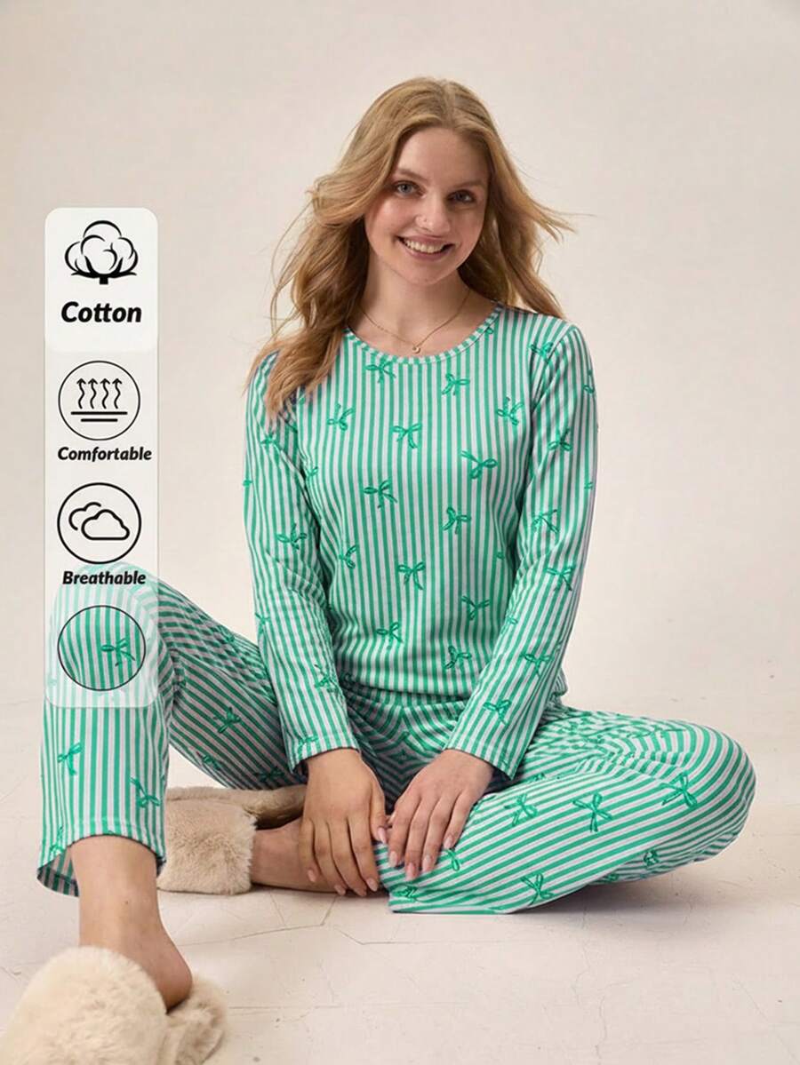 Loomlin Bộ đồ ngủ nữ bằng cotton 2 mảnh kẻ sọc và họa tiết đen trắng, kiểu dáng dễ thương. - màu xanh lá - Xem 1