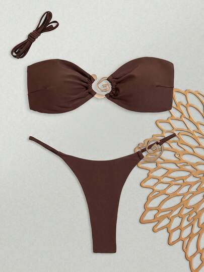 Swim Vcay 2 piezas Bottom de bikini bandeau con cuello de atar y decoración de espiral antimosquitos de color café oscuro para mujer, traje de baño sexy para la playa