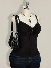 SHEIN ICON 大码女式蕾丝拼接褶皱扭结设计休闲百搭约会之夜吊带背心 - 黑色 - 查看 7