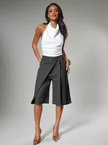 Hauture 女士性感休闲纯色修身裹身阔腿裤百慕大短裤，带系带细节 - 灰色 - 查看 3