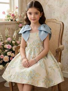 SHEIN Ärmlös klänning med blommig jacquard och rosett på axlarna för ung flicka - Rosa - Visa 14