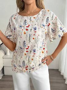 SHEIN LUNE Women's Floral Print Casual Versatile Daily Wear Short Sleeve T-Shirt - Apricot - View 5
