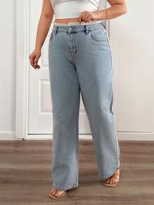 EURMUSE Plus High Waist Belt Detailed Straight Jean - Light Wash - View 4