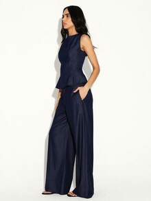 KSTM Women's Denim Effect Pocket Straight Leg Loose Casual Pants - Navy Blue - View 5