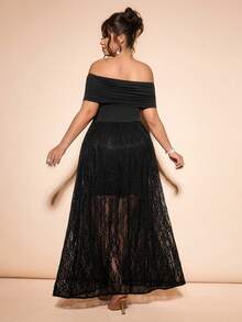 Cravure Plus Size Lace Patchwork Sheer Dress, Elegant Fashion Elegant Date Night Slimming Off Shoulder Classic Versatile - Black - View 2