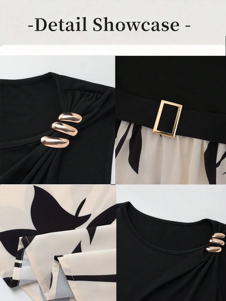 GlowEve Robe mi-longue sans manches à imprimé floral noir et abricot, patchwork, avec boucle métallique à motif feuille, col asymétrique, taille cintrée, élégante, décontractée, idéale pour les vacances, les sorties, les rendez-vous, le style vintage et polyvalent, parfaite pour le printemps/l'été - Multicolore - Voir 3