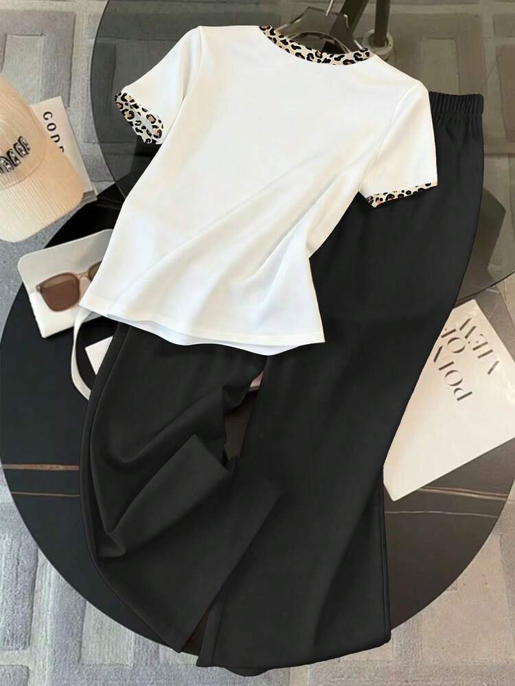 Resyla Women's Bow Print Round Neck Short Sleeve T-Shirt And Pants Casual 2-Piece Set - Multicolor - View 2