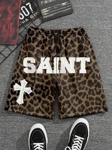 Manfinity Dauomo Pantalones cortos sueltos de verano para hombres con estampado de leopardo, letras y gráfico de cruz, con cordón en la cintura - Multicolor - Ver 2