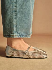 Rosivie 女士休闲编织方头舒适玛丽珍平底鞋 - 金色 - 查看 3