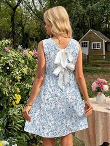 SHEIN Floral Sleeveless Backless Bow Decor Maternity Dress, Summer - Blue - View 2