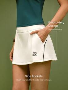 GLOWMODE FeatherFit™-Air Ace Your Flow Buttery-Soft Quick-Dry Sweat-Wicking Contrast Piping Built-In Shorts Anti-Slip Grips Tennis Embroidery A-Line Mini Skirt Tennis Golf Pickleball Daily Casual Wear - White - View 4