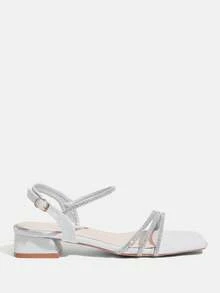 CUCCOO TILAWA Women's Square Toe Silver Rhinestone Decor Ankle Strap Low Heel Versatile Fashion Dress Sandals Summer Shoes - Silver - View 2