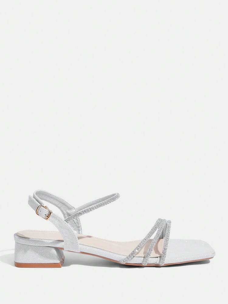 CUCCOO TILAWA Women's Square Toe Silver Rhinestone Decor Ankle Strap Low Heel Versatile Fashion Dress Sandals