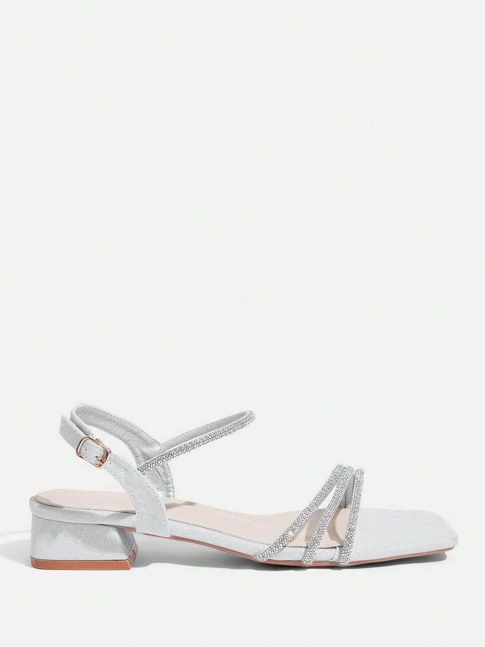 CUCCOO TILAWA Women's Square Toe Silver Rhinestone Decor Ankle Strap Low Heel Versatile Fashion Dress Sandals Summer Shoes