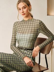 Anewsta Women's Fashionable Retro Brown Plaid Slim Fit Lightweight Long Sleeve Summer Tops - Green - View 8