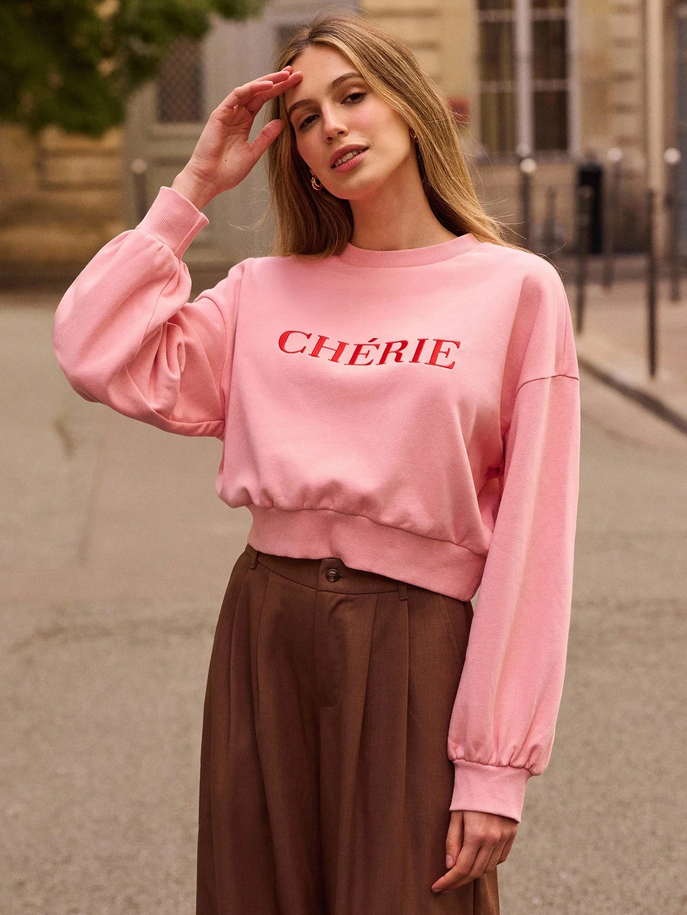 Moletom Oversized Rosa com Bordado de Letra, Outono e Inverno Francês