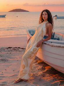 CAJUNI Monos de moda de verano sin mangas y sin espalda con estampado bordado de loro - Amarillo - Ver 1