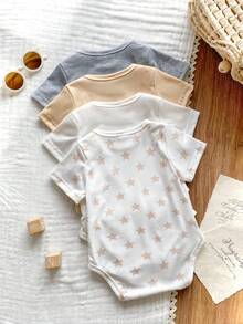 SHEIN Vintaside Kids 4pcs/Set Baby Boy/Girl Cute Knitted Elastic Striped Short Sleeve Rompers, Basic Bodysuit Multi-Pack, Spring/Summer - Multicolor - View 2