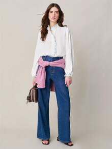 Nöista White Blouse, Long Puffed Sleeves, And Button-Down Front. Blue Ruffled Trim On The Collar, Front Placket, And Cuffs. Spring, Summer Women. - White - View 3