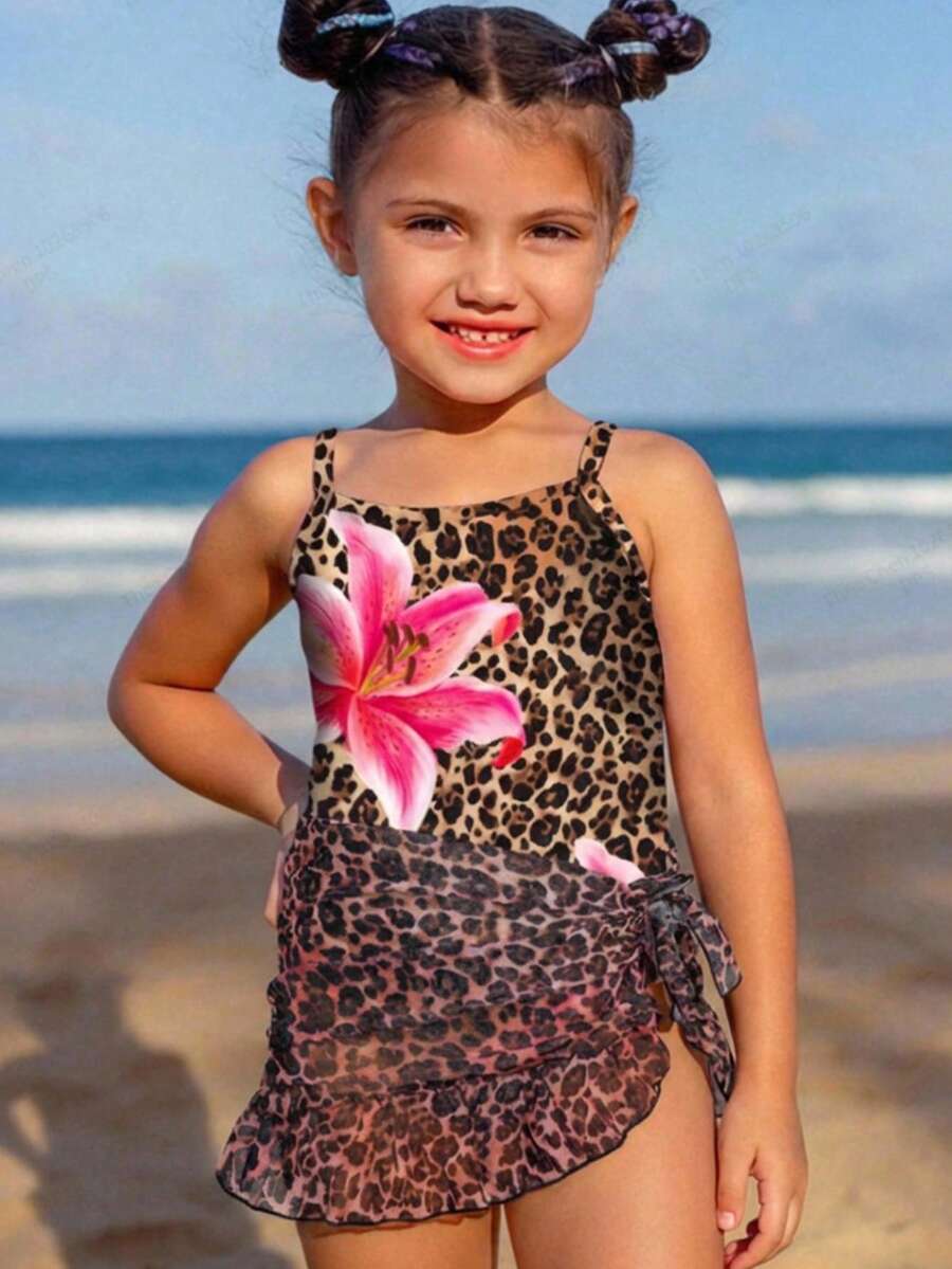SHEIN Young Girl Leopard & Floral Print One-Piece Swimsuit Cover-Up With Skirt, Beach Vacation - Brown - View 1