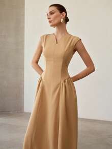 MOTF PREMIUM Vestido casual minimalista sin mangas con escote en V y cintura ceñida con patchwork - Marrón - Ver 4