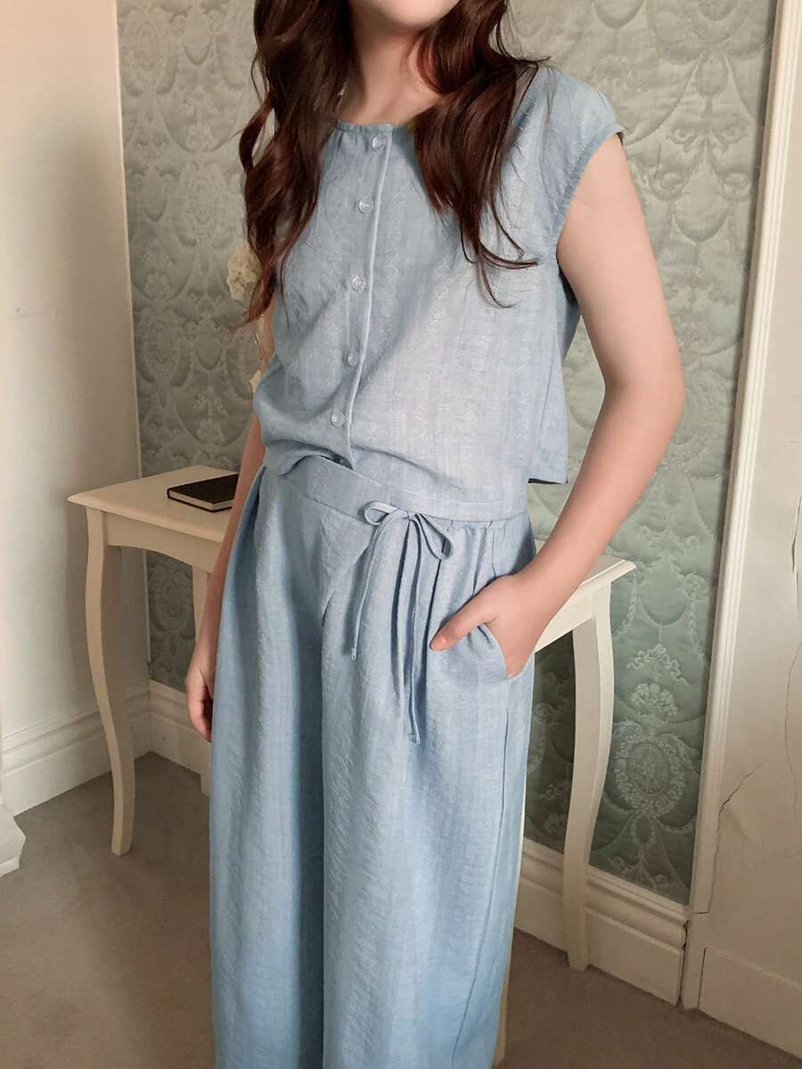 DAZY Tween Girls Summer New Round Neck Shirt & Wide Leg Pants Set - Blue - View 1