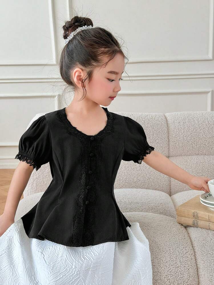 Girls V-Neck Short Sleeve Lace Patchwork Shirt, Summer