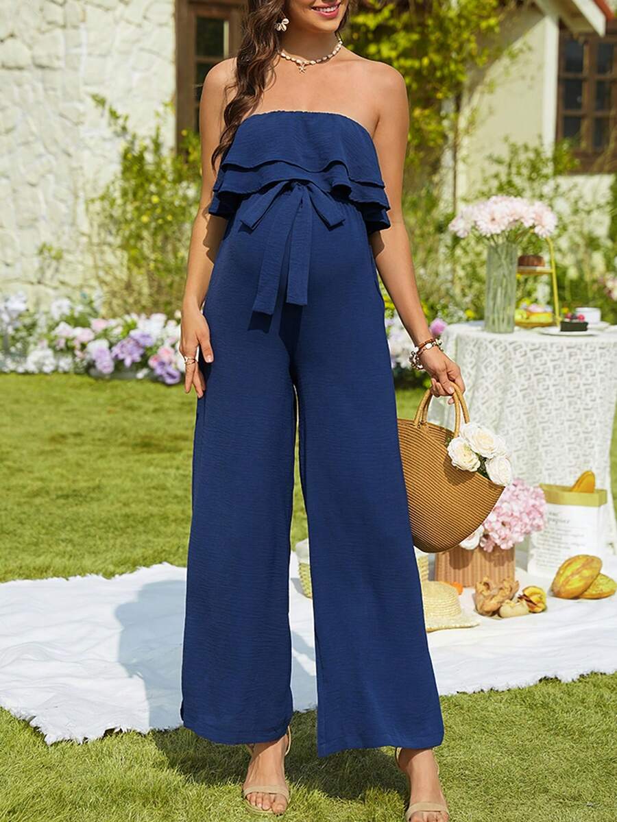 SHEIN Sleeveless Ruffled Tie-Front Jumpsuit For Pregnant Women, Spring/Summer - Navy Blue - View 1