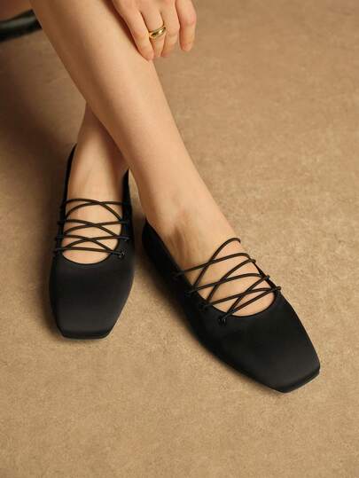 Rosivie Women's New Black Square Toe Criss-Cross Strap Versatile Flat Shoes