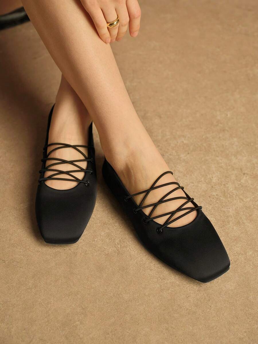 Rosivie Giày bệt nữ màu đen mới, mũi vuông, quai chéo, đa năng - màu đen - Xem 1