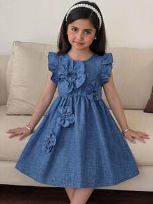 Young Girl Blue Fashionable Sleeveless Round Neck 5-Petal 3D Flower Collar Droplet Dress - Blue - View 7