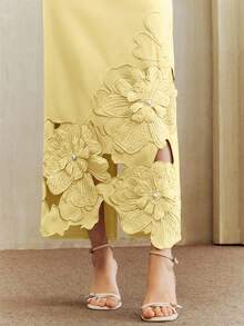 Anewsta Solid Color Straight Waist Cinching Short Sleeve Dress With Cutout Embroidered Pearl Decor, Long Dress For Women - Pale Yellow - View 2