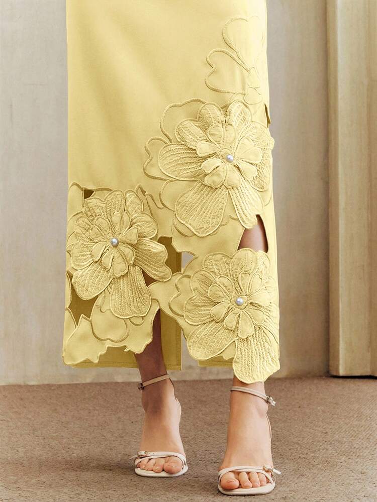 Solid Color Straight Waist Cinching Short Sleeve Dress With Cutout Embroidered Pearl Decor, Long Dress For Women