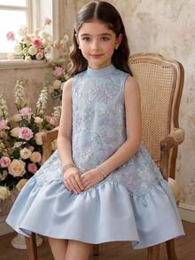 SHEIN 少女纯色立领蝴蝶结网纱亮片刺绣无袖连衣裙 - 白色 - 查看 5